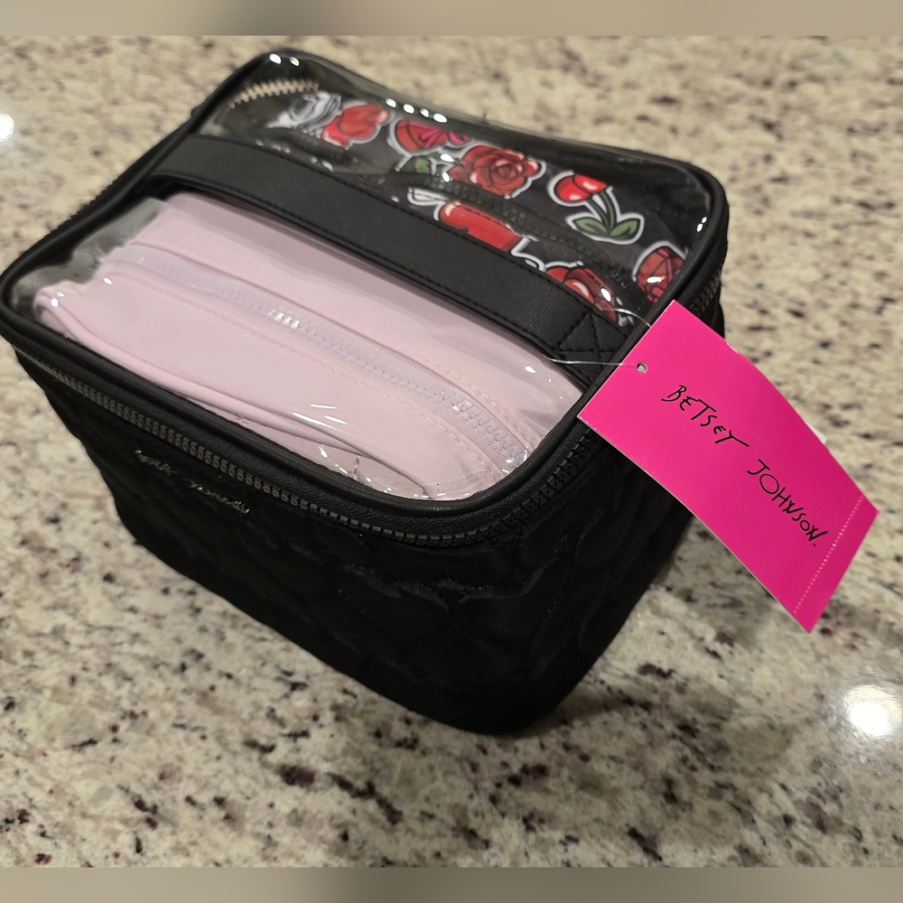 Betsey Johnson NWT 3 Piece Cosmetic Train Case Black Pink Cherries Hearts